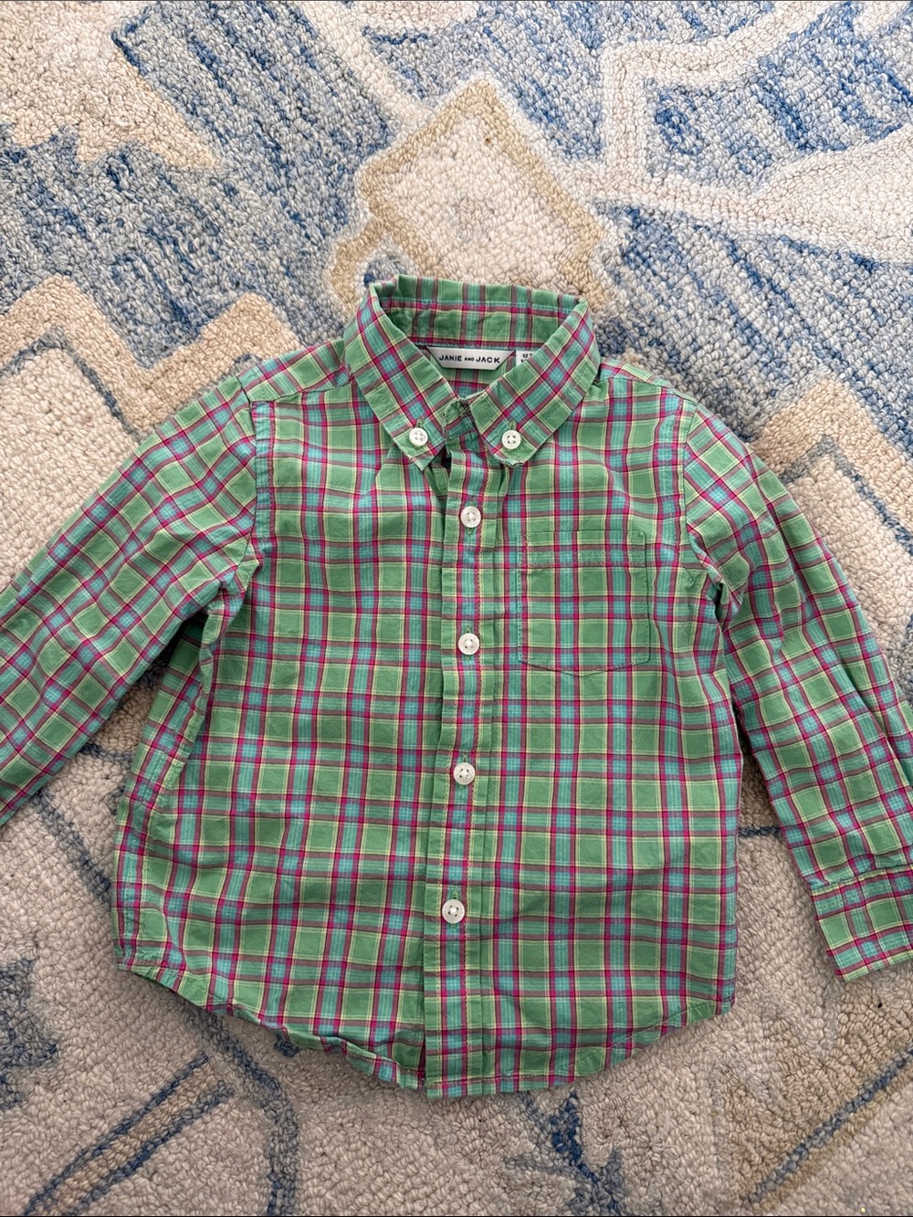 Janie and Jack Green Plaid Button-Down Shirt with Pink & Blue Accents